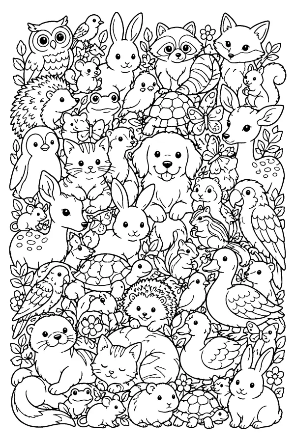 Coloriage détaillé d’un jardin rempli d’animaux