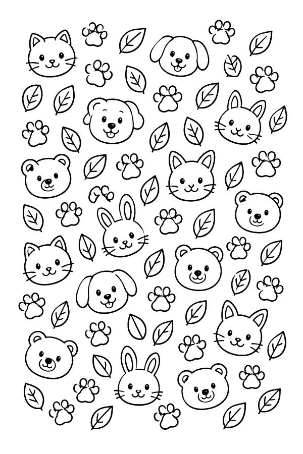 Coloriage motif de têtes d’animaux et empreintes