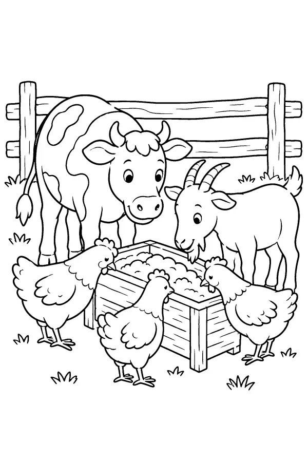Coloriage d’animaux de ferme autour d’une auge
