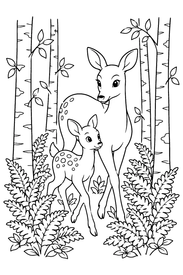 Coloriage d’une biche et d’un faon dans les bouleaux
