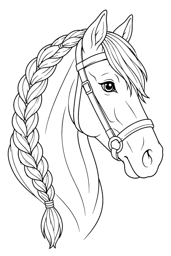 Dessin à colorier d’une tête de cheval à crinière tressée