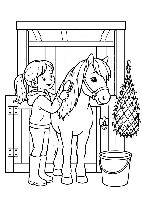 Coloriage d’un enfant brossant un poney à l’écurie