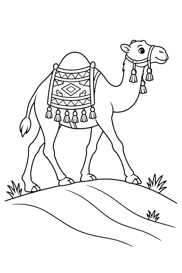 Coloriage d’un chameau marchant sur une dune