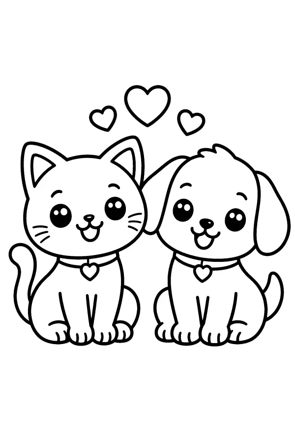 Dessin à colorier d’un chat et d’un chiot souriants