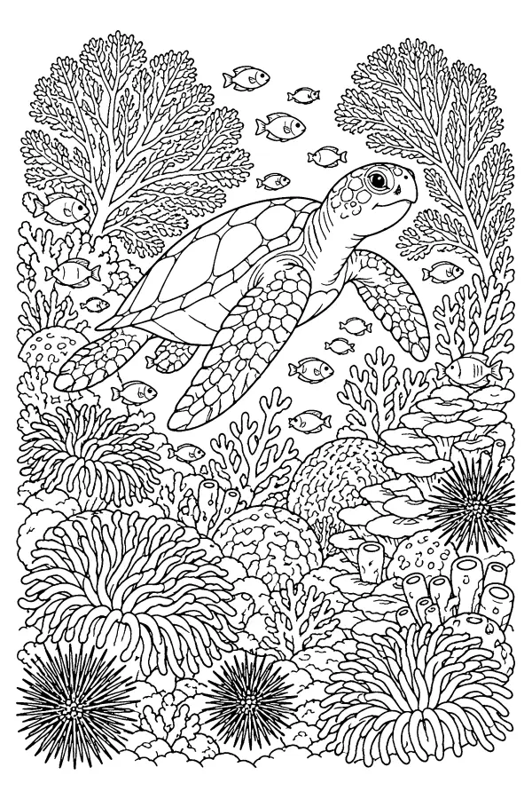 Coloriage détaillé d’une tortue marine sur un récif