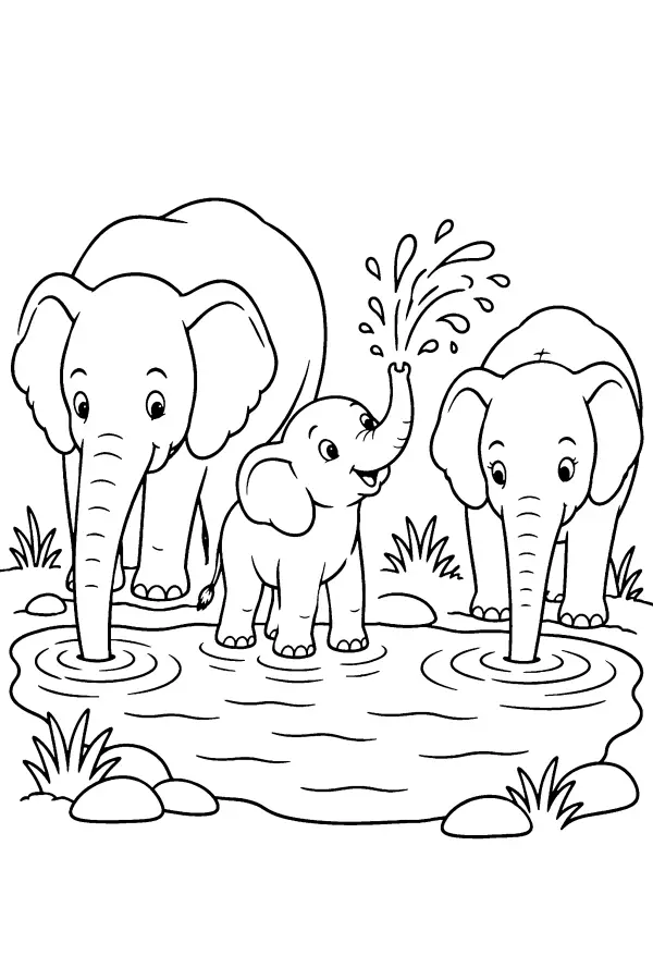 Coloriage d’éléphants au point d’eau, le petit aspergeant