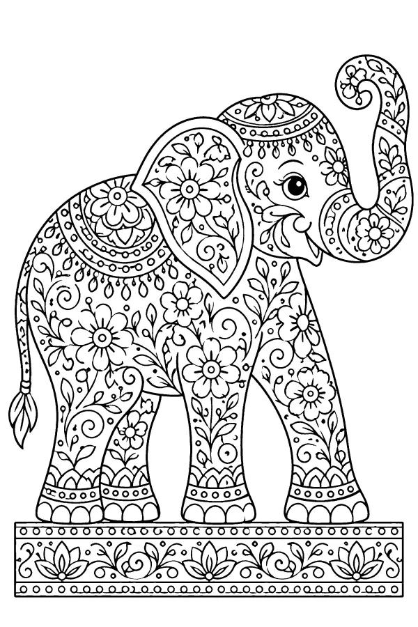 Dessin à colorier d’un éléphant couvert de fleurs