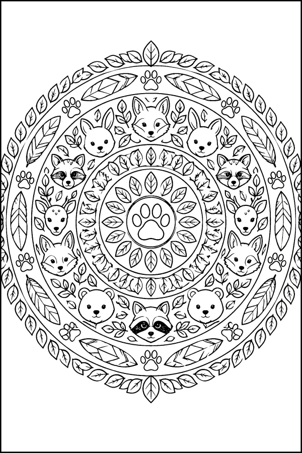 Coloriage détaillé mandala d’animaux et de feuilles