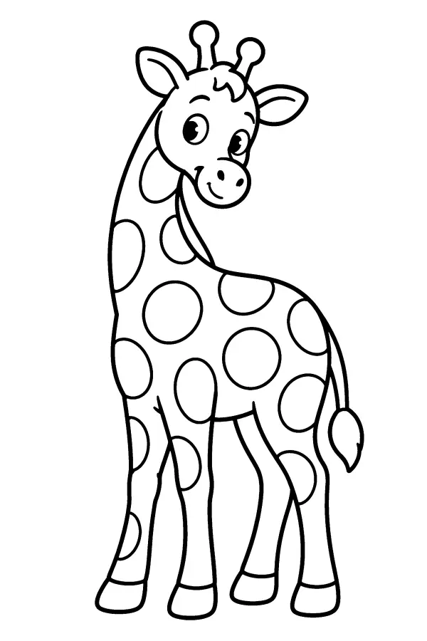 Coloriage d’une girafe qui regarde derrière elle