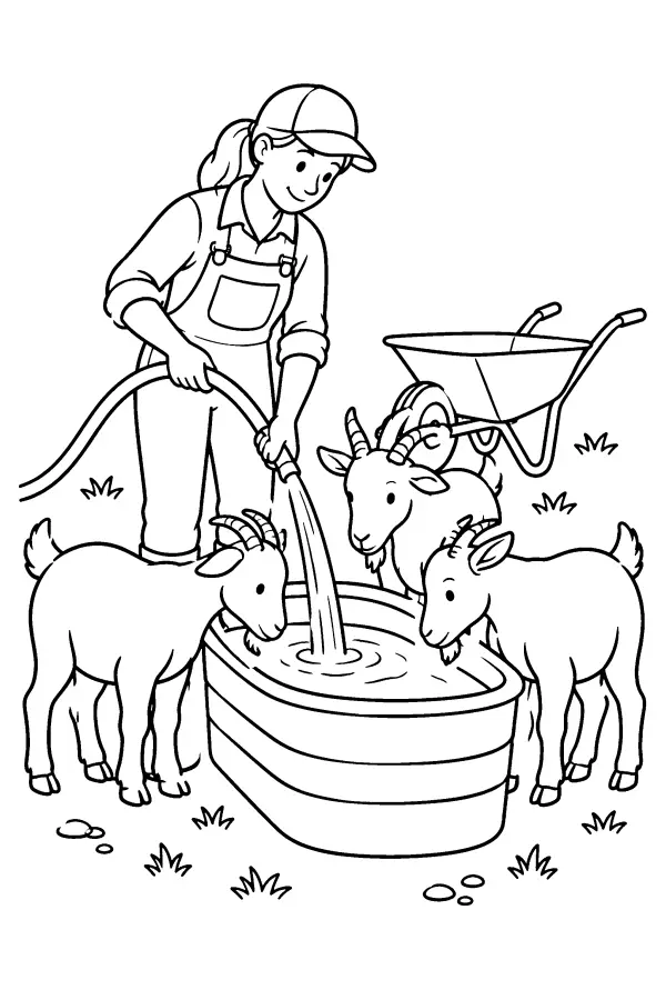 Dessin à colorier de chèvres autour d’un abreuvoir