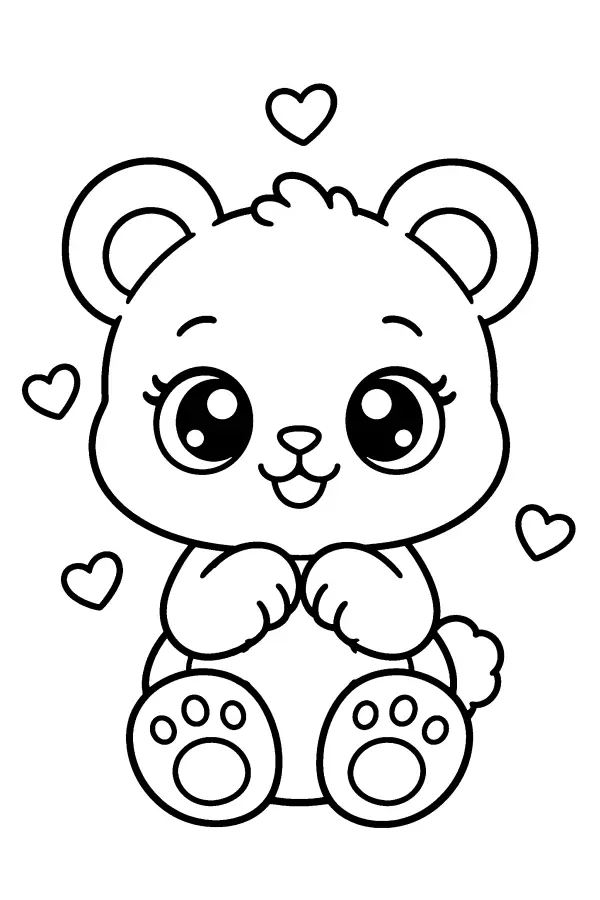 Coloriage d’un ourson assis entouré de petits cœurs