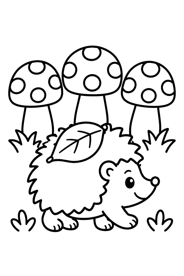 Dessin à colorier d’un hérisson sous des champignons