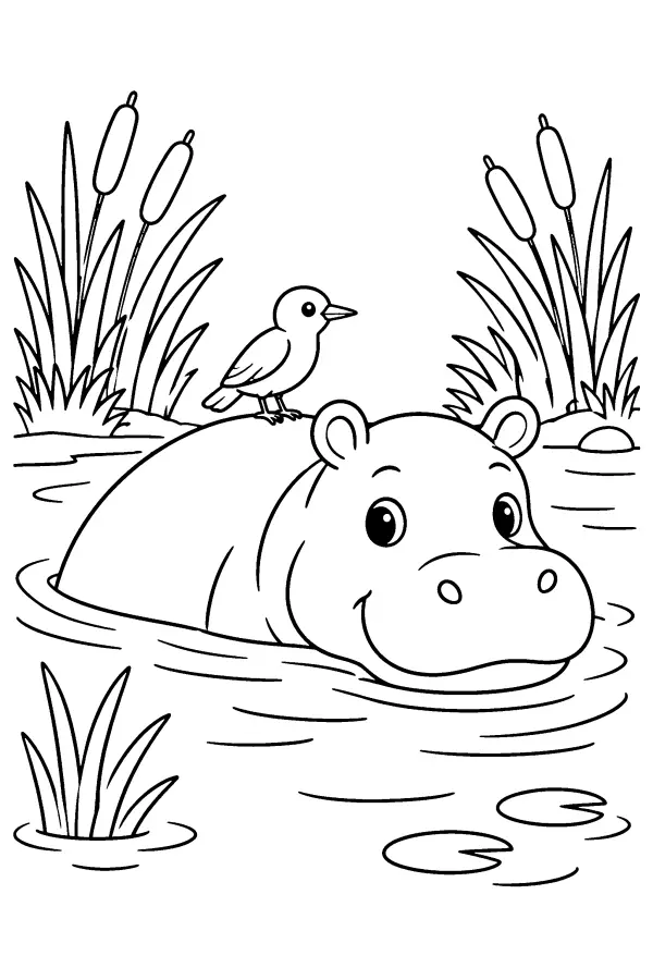 Coloriage d’un hippopotame flottant dans le fleuve