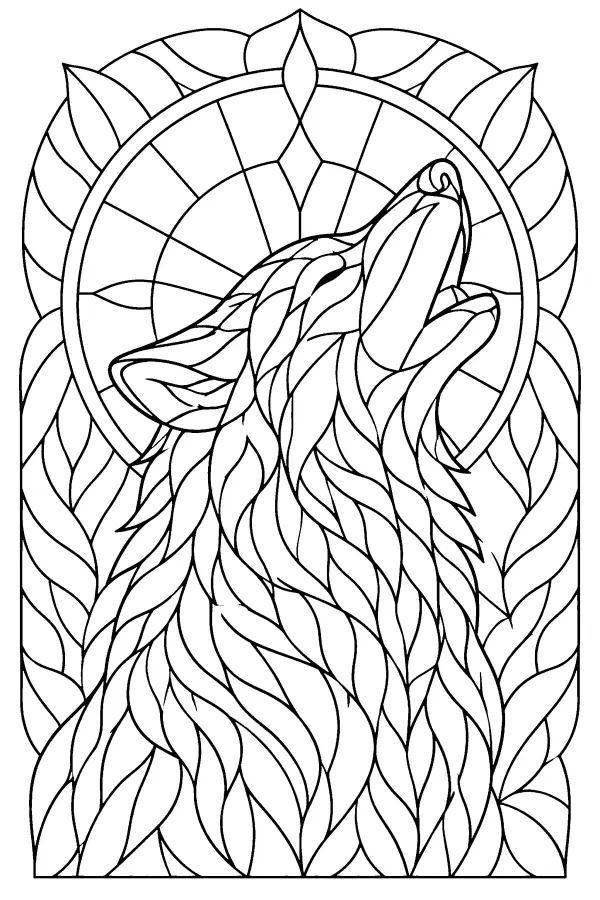 Coloriage détaillé d’un loup qui hurle façon vitrail