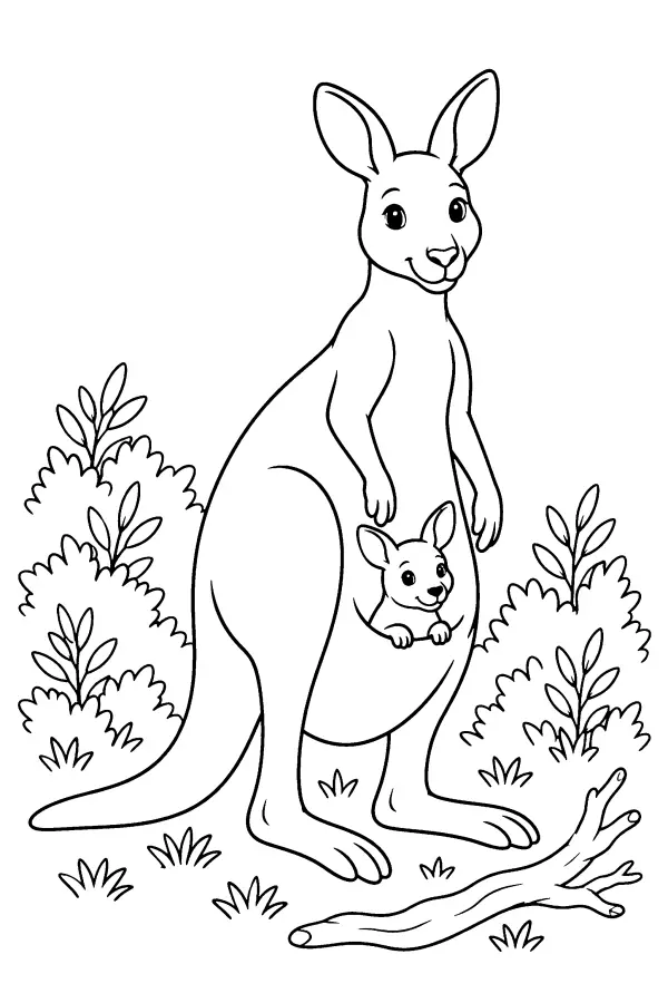 Dessin à colorier d’un kangourou avec son petit
