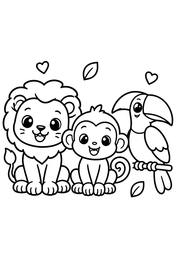 Coloriage d’un lionceau, d’un singe et d’un toucan
