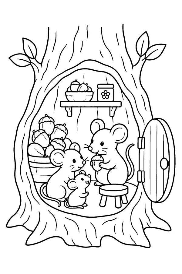 Coloriage d’une famille de souris dans un arbre