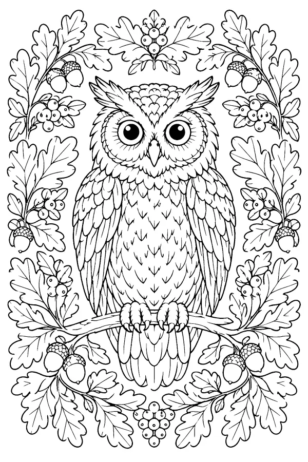 Coloriage détaillé d’un hibou dans un cadre de chêne