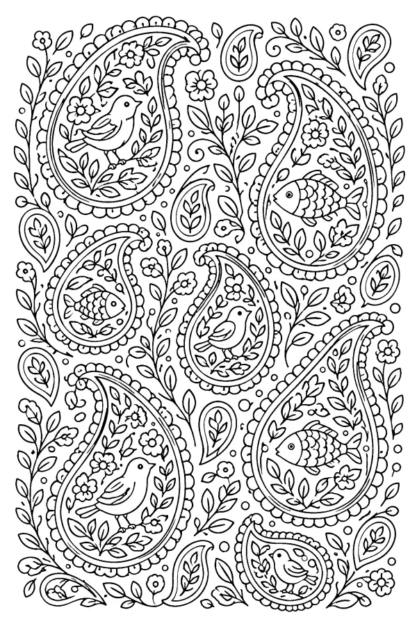 Dessin à colorier de motifs paisley oiseaux et poissons