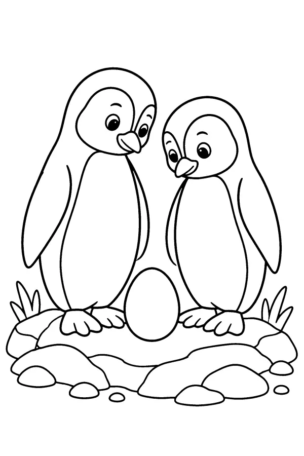 Coloriage de deux pingouins gardant un œuf