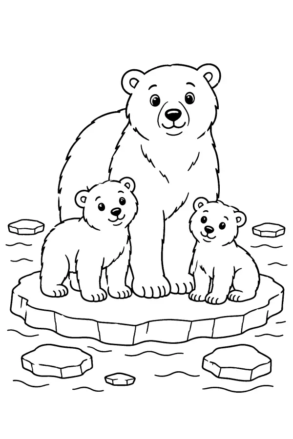 Coloriage d’une famille d’ours polaires sur la glace
