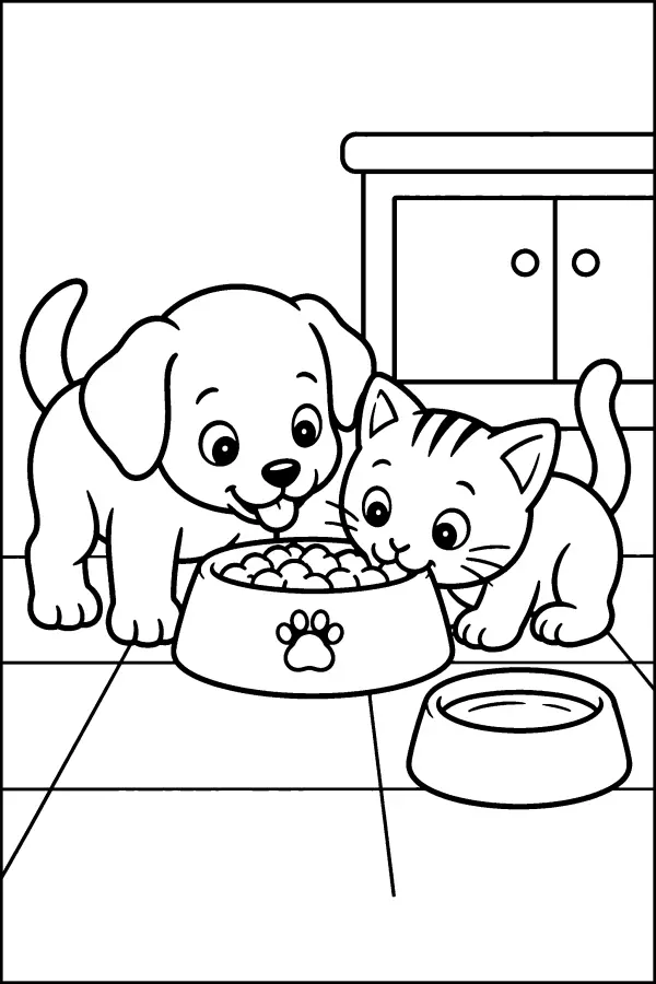 Coloriage d’un chiot et d’un chaton devant leur gamelle
