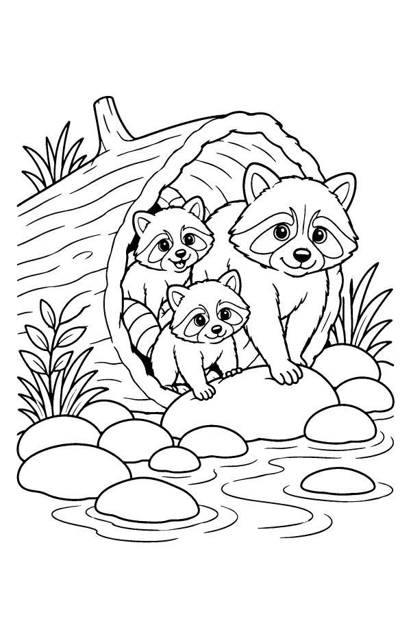 Coloriage d’une famille de ratons près d’un ruisseau