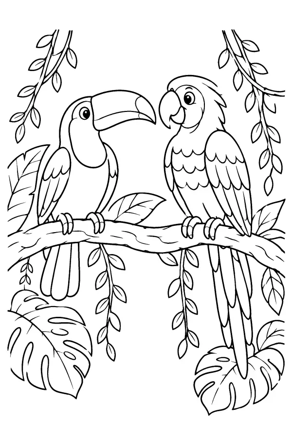 Coloriage d’un toucan et d’un perroquet en forêt