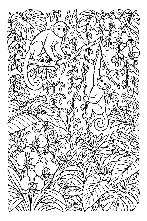 Coloriage détaillé d’animaux dans la canopée