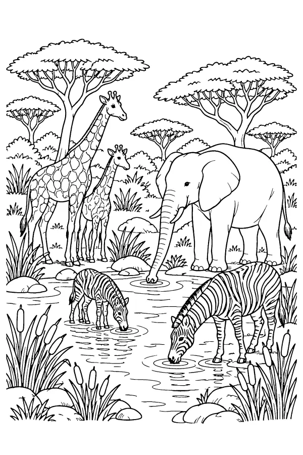 Coloriage détaillé d’animaux au point d’eau de savane