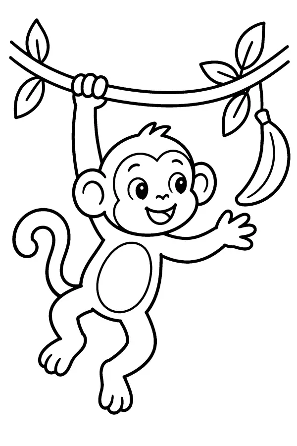 Coloriage facile d’un singe accroché à une liane