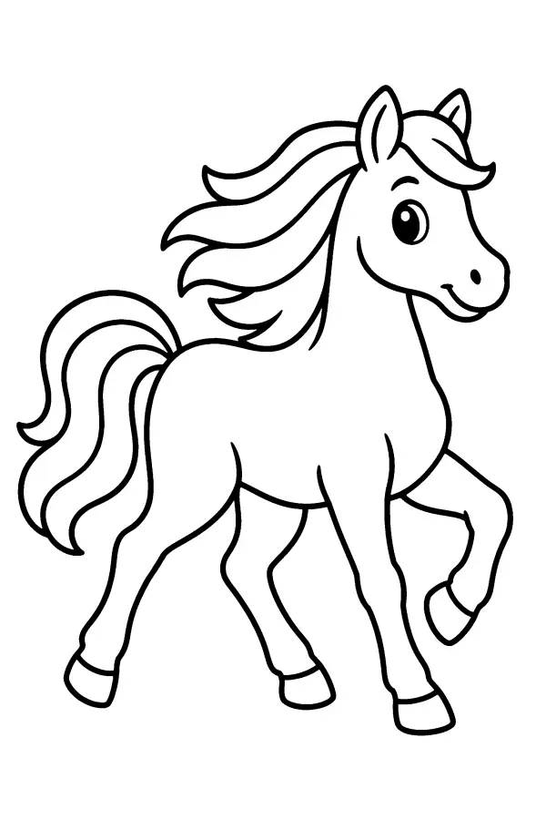 Dessin à colorier d’un cheval au trot, crinière au vent
