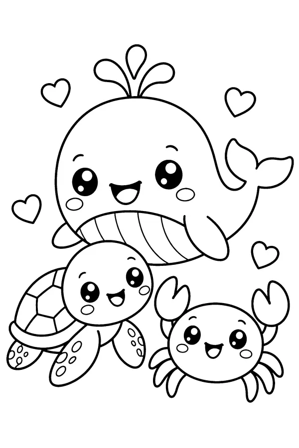 Coloriage d’une baleine, d’une tortue et d’un crabe