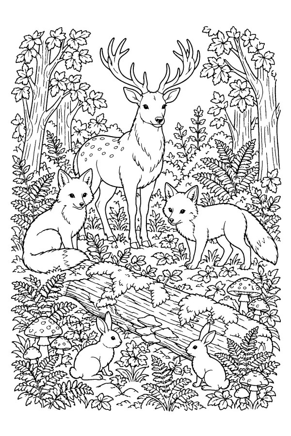 Dessin à colorier d’un cerf et d’animaux du sous-bois