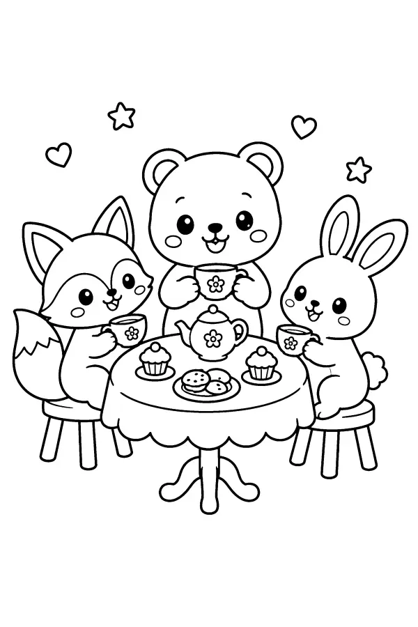Coloriage d’animaux prenant le thé en forêt