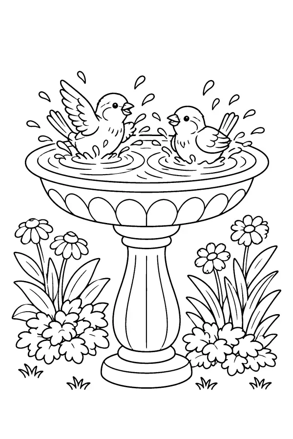 Sparrows In A Birdbath