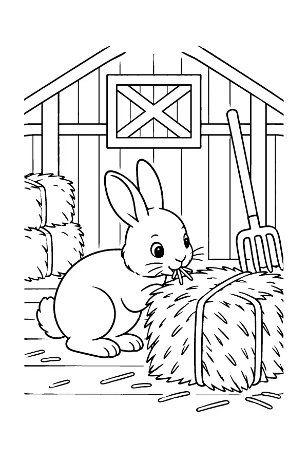 Coloriage d’un lapin mangeant du foin dans une grange