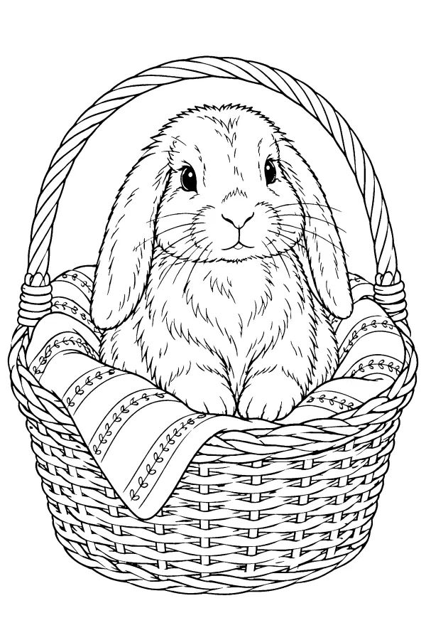 Coloriage détaillé d’un lapin bélier dans un panier