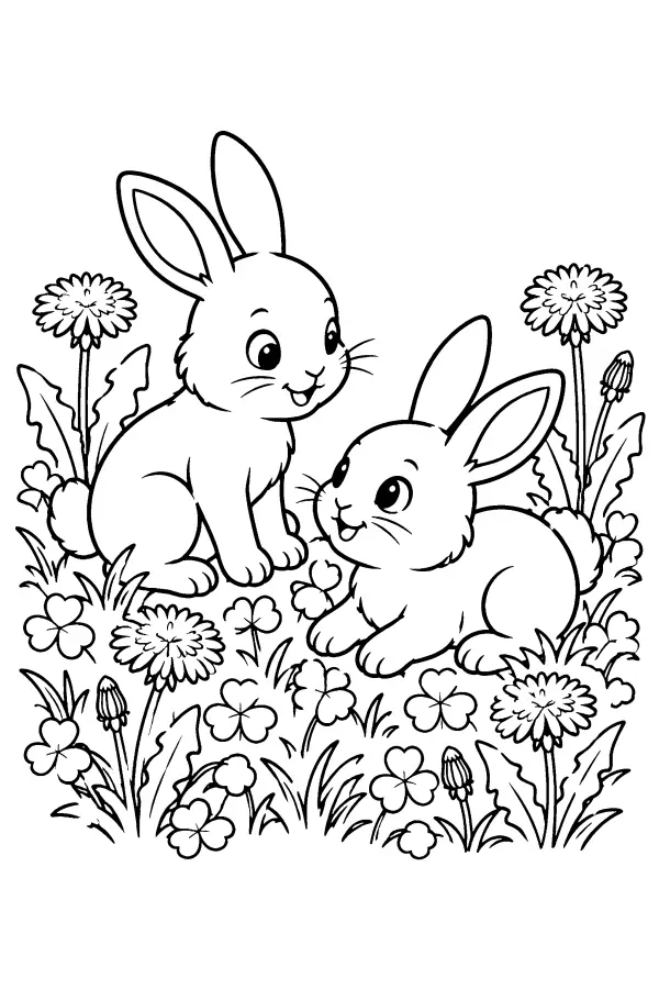 Dessin à colorier de deux lapins dans un champ de trèfle