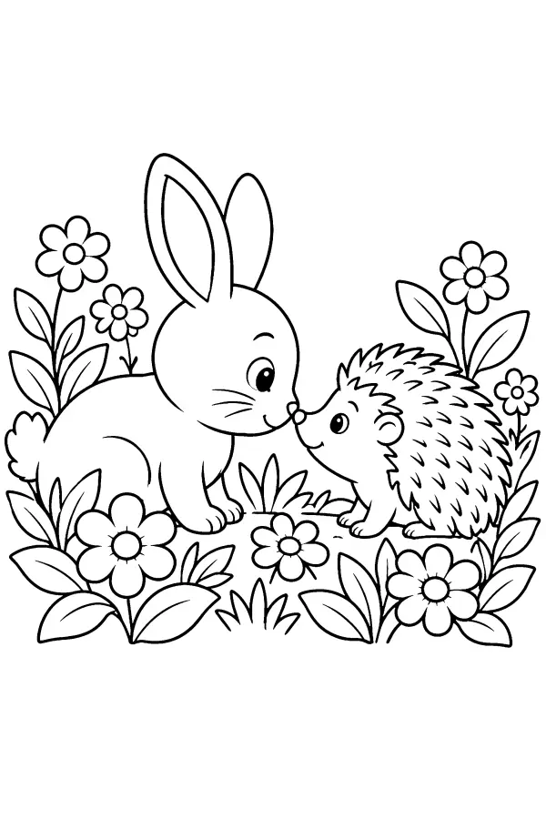 Coloriage d’un lapin et d’un hérisson museau contre museau