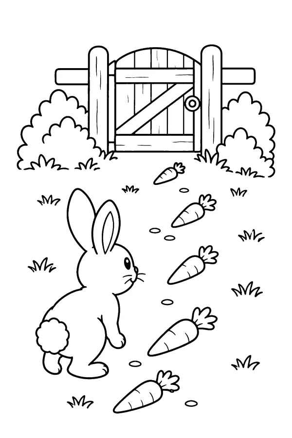 Dessin à colorier d’un lapin suivant des carottes vers une barrière