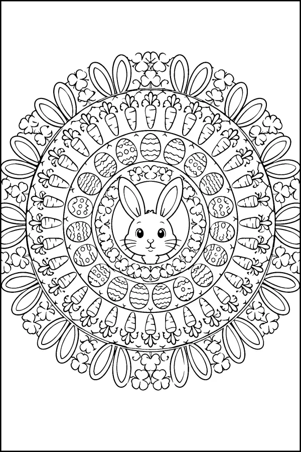 Coloriage détaillé d’un mandala lapin de Pâques