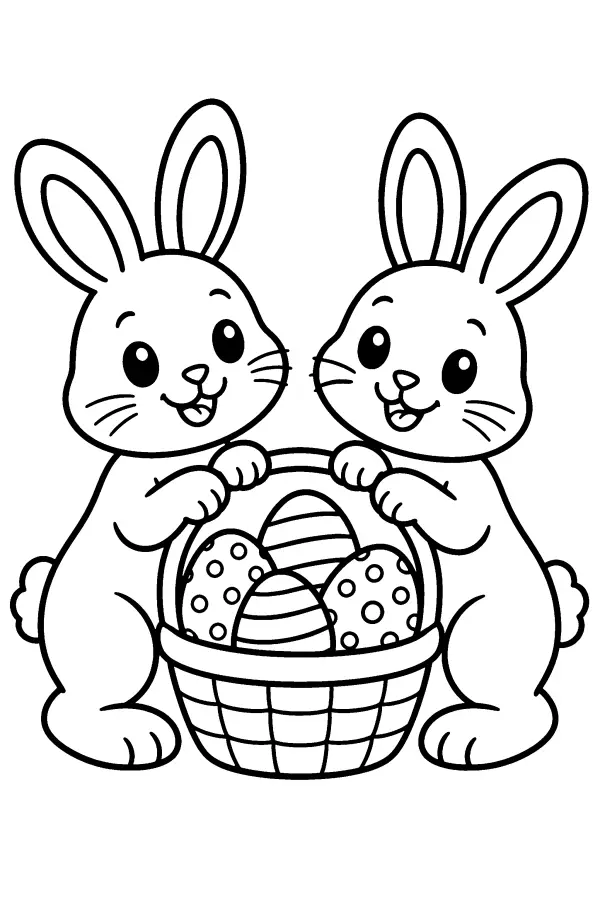 Dessin à colorier de lapins de Pâques avec un panier d’œufs