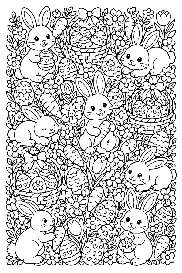 Coloriage détaillé de lapins de Pâques parmi œufs et paniers
