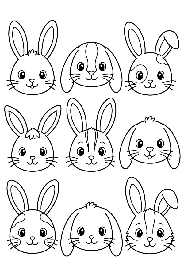 Coloriage de neuf têtes de lapins en grille