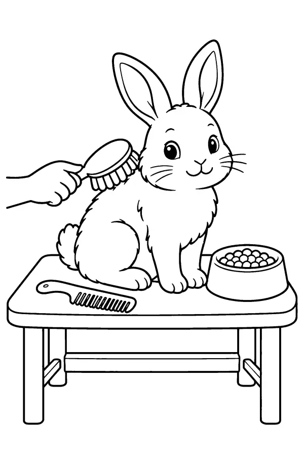 Coloriage d’un lapin sur une table de toilettage