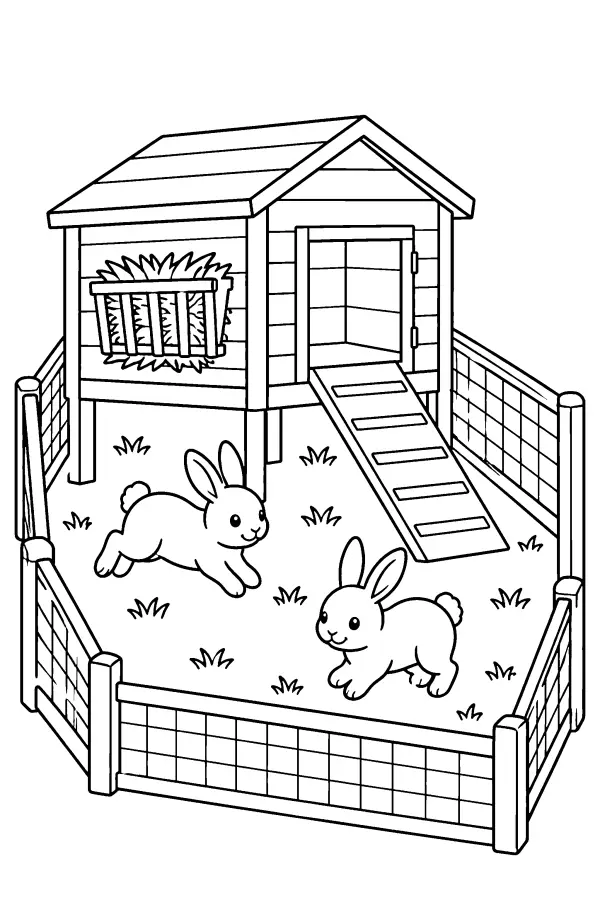 Coloriage de lapins dans un enclos près du clapier