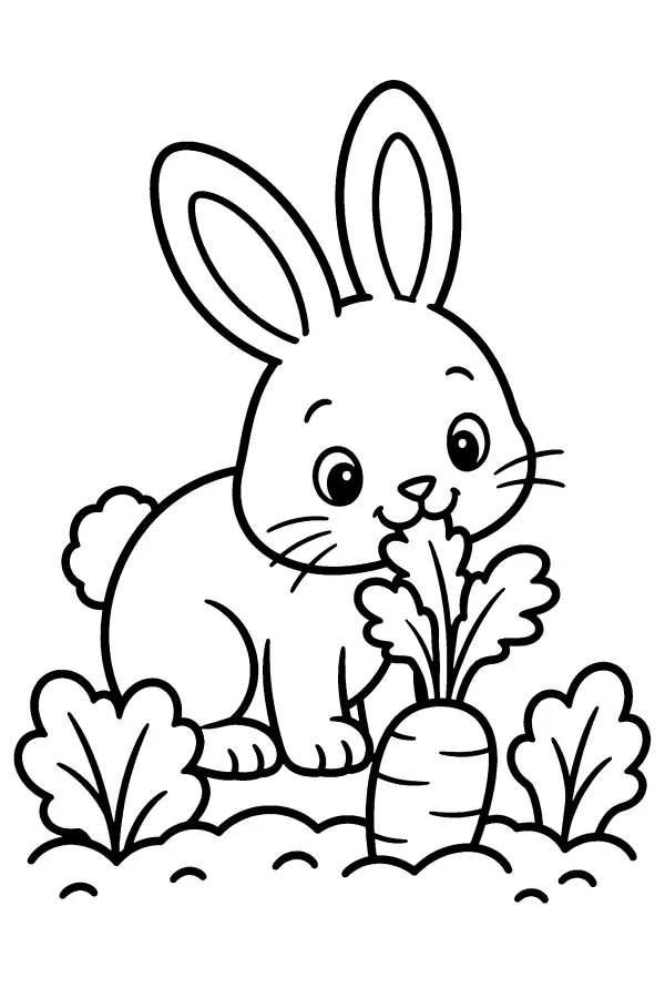 Coloriage d’un lapin qui mange au potager