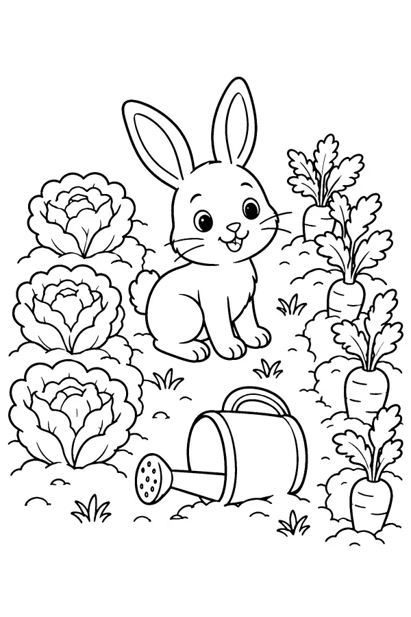 Dessin à colorier d’un lapin dans un potager
