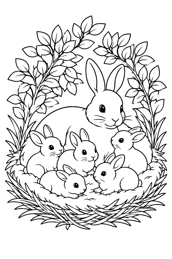 Dessin à colorier d’une famille de lapins dans un nid